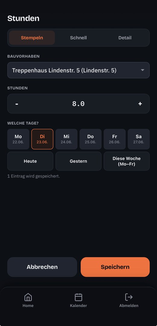 Stunden je Bauvorhaben in der App buchen