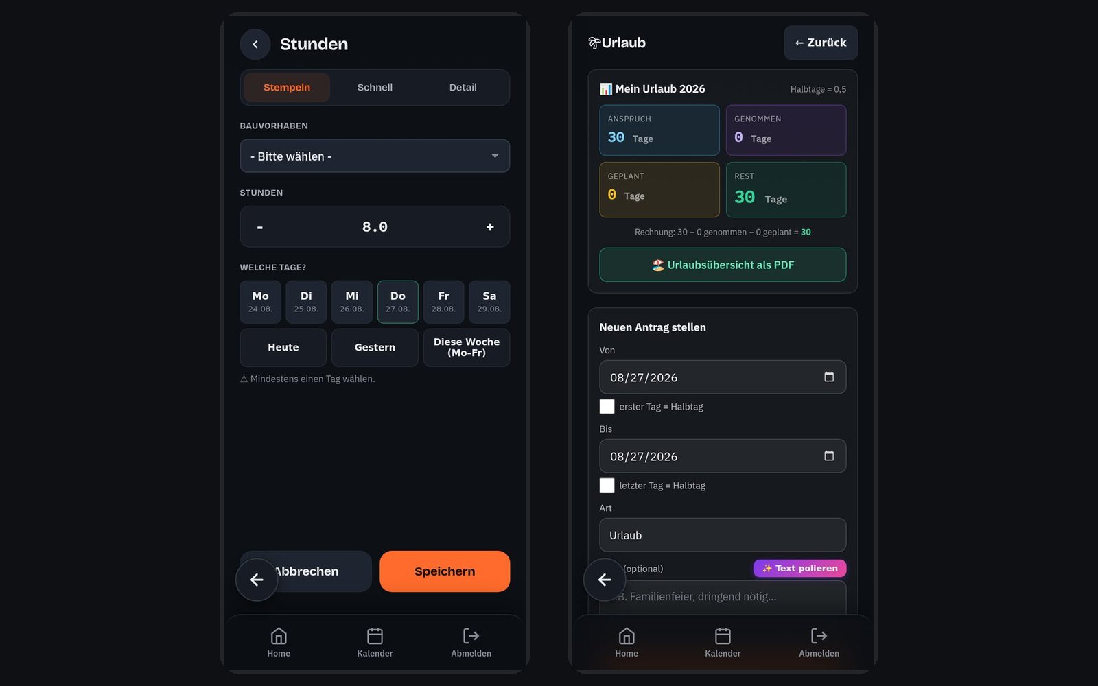 Mitarbeiter-App für Stunden und Urlaub